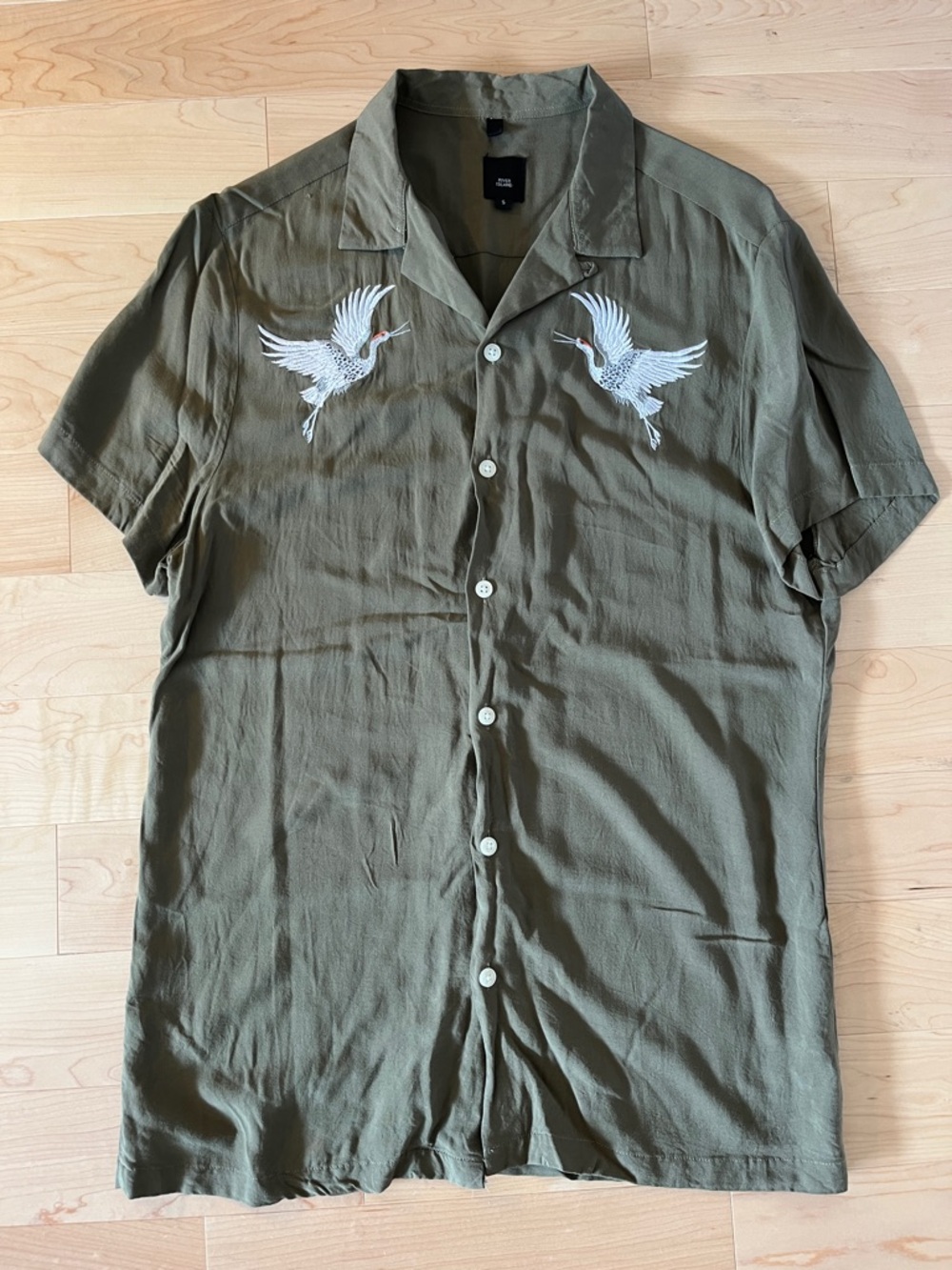 River Island Olive Green Short Sleeve Shirt with White Crane Embroidery